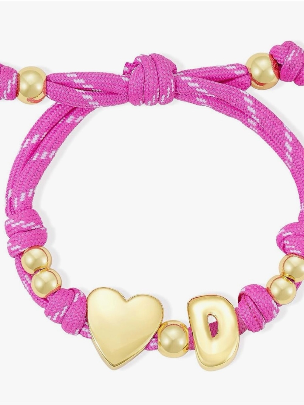 NEW 14k Gold Plated Gold Heart & Initial D Charm Pink Rope Bracelet